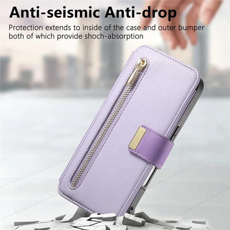 For iPhone 16 Plus Magnetic Leather Case with Detachable RFID Blocking Zipper Wallet Cover - Purple