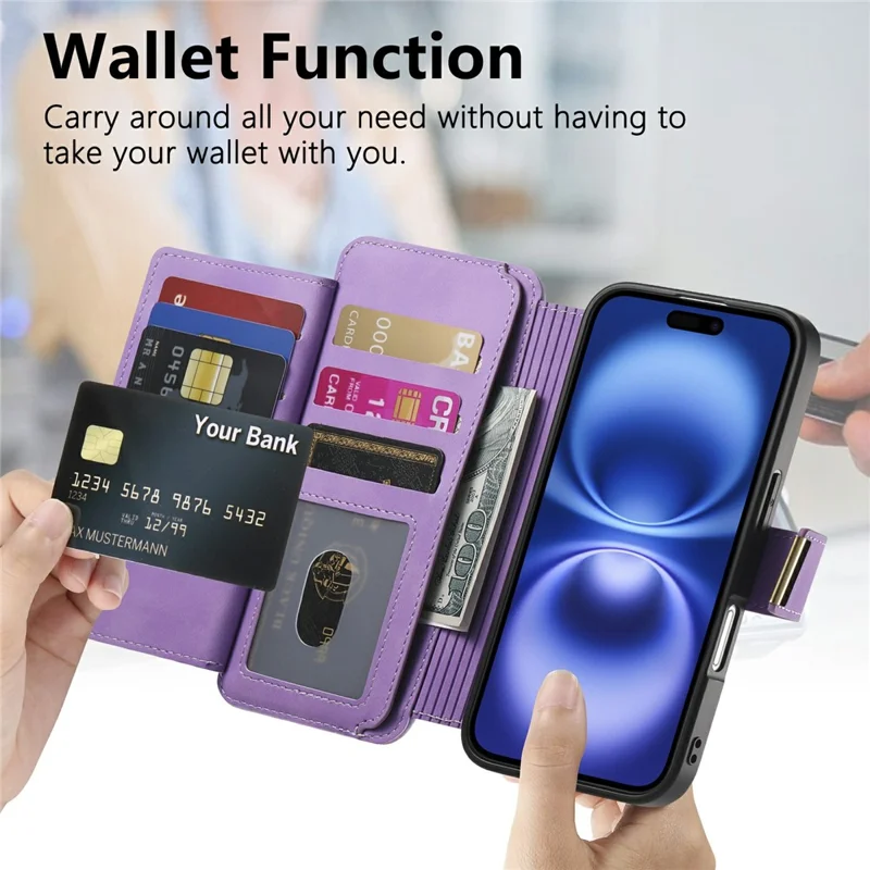 For iPhone 16 Plus Magnetic Leather Case with Detachable RFID Blocking Zipper Wallet Cover - Purple