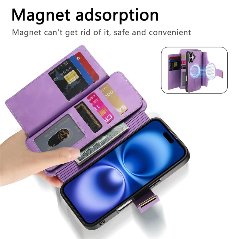 For iPhone 16 Plus Magnetic Leather Case with Detachable RFID Blocking Zipper Wallet Cover - Purple
