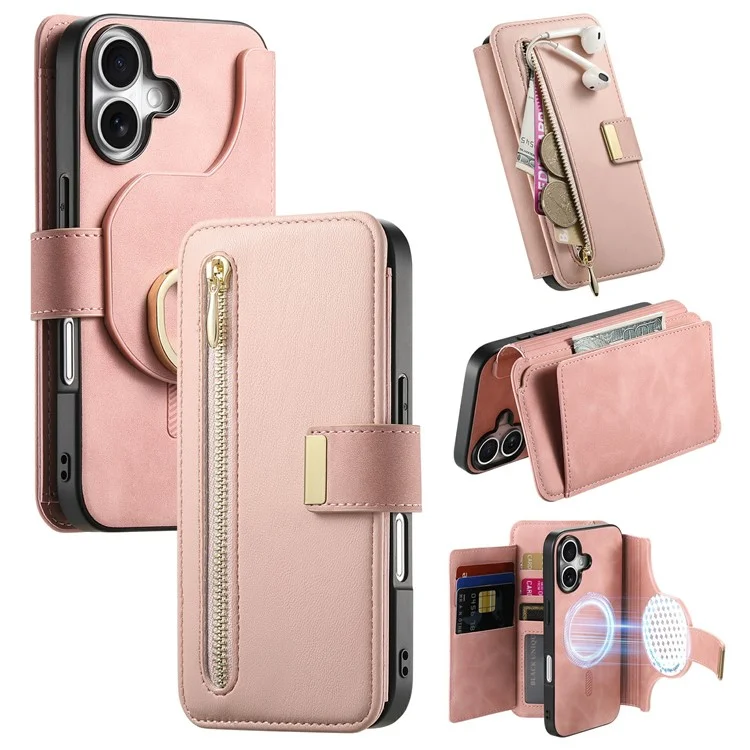 Для Iphone 16 Case Съемный Магнитный Кожаный Кошелек Крышка Телефона RFID Блокировка - Розовый