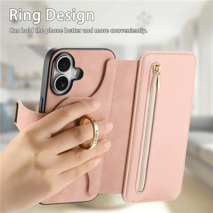 Для Iphone 16 Case Съемный Магнитный Кожаный Кошелек Крышка Телефона RFID Блокировка - Розовый
