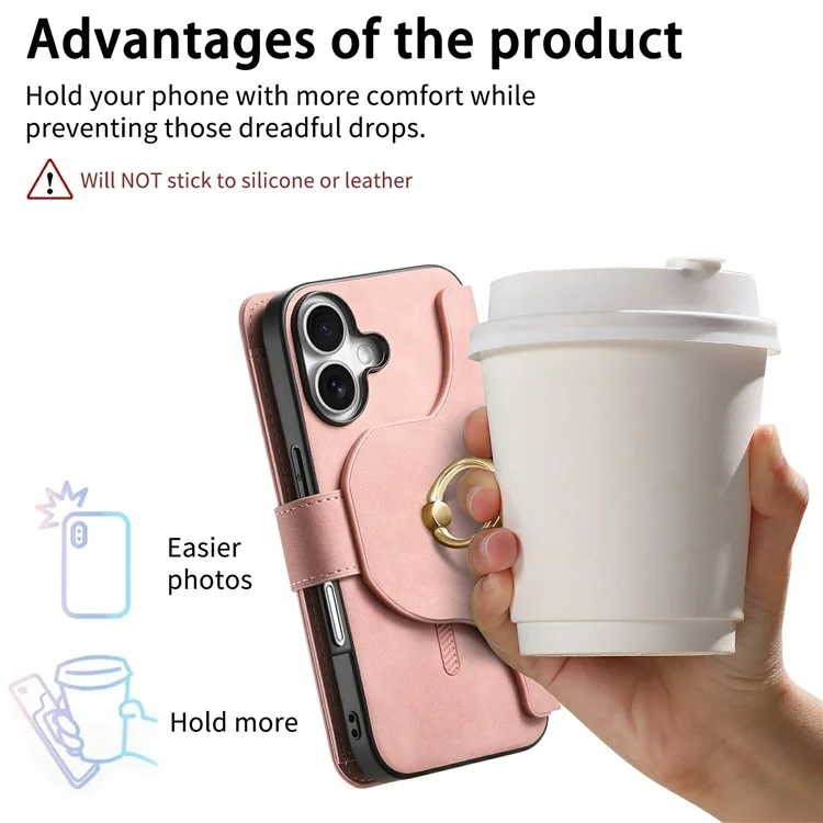 Для Iphone 16 Case Съемный Магнитный Кожаный Кошелек Крышка Телефона RFID Блокировка - Розовый