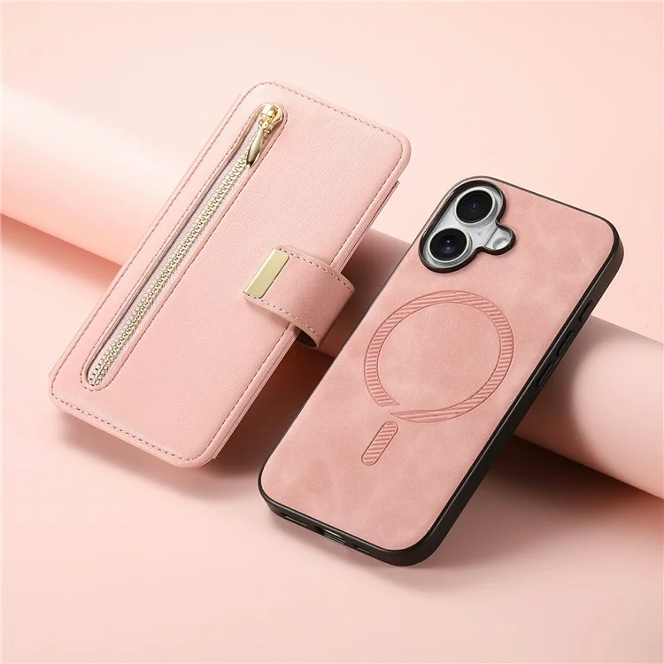 Для Iphone 16 Case Съемный Магнитный Кожаный Кошелек Крышка Телефона RFID Блокировка - Розовый