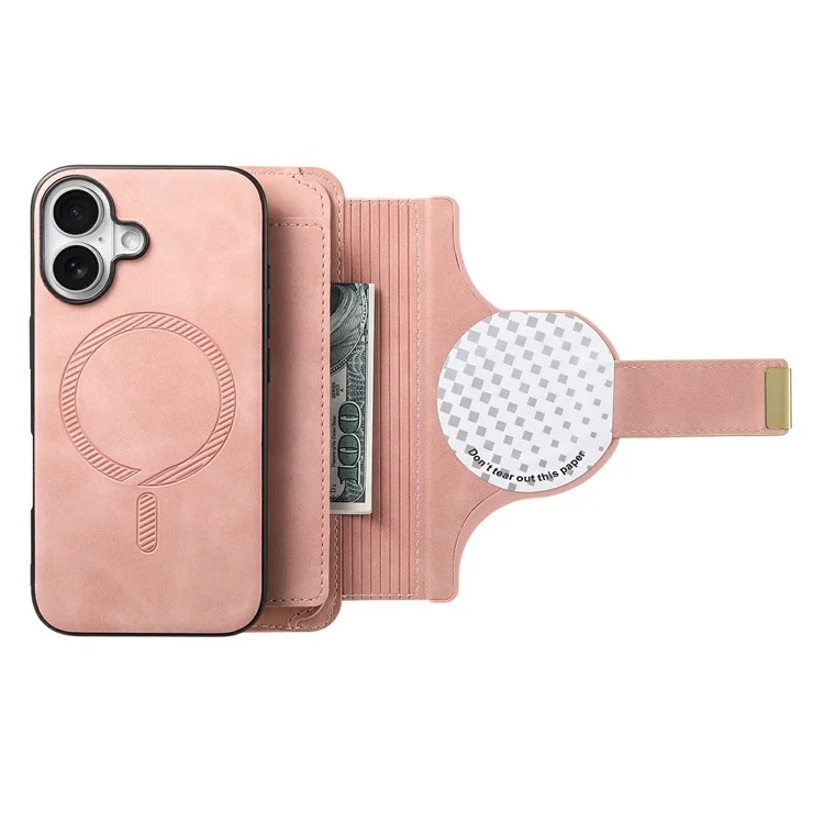 Для Iphone 16 Case Съемный Магнитный Кожаный Кошелек Крышка Телефона RFID Блокировка - Розовый
