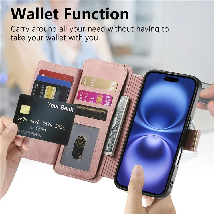 Для Iphone 16 Case Съемный Магнитный Кожаный Кошелек Крышка Телефона RFID Блокировка - Розовый