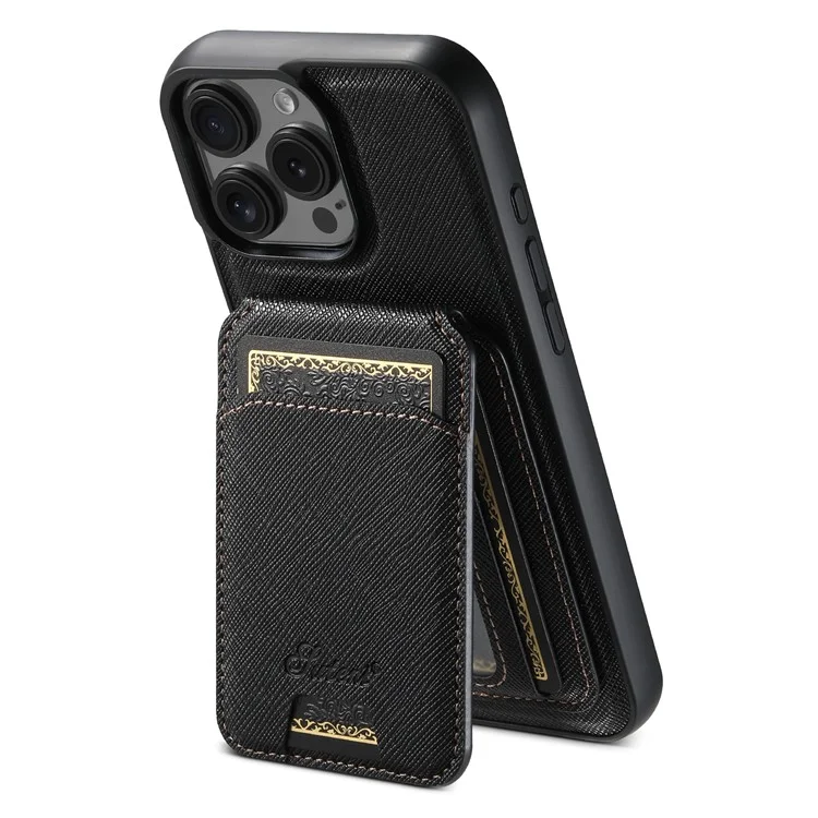 Suteni H18 Für Iphone 16 Pro Max Magnethülle Cross Textur Leder+tpu -abdeckung Mit Abnehmbarer Kartenbeutel - Schwarz