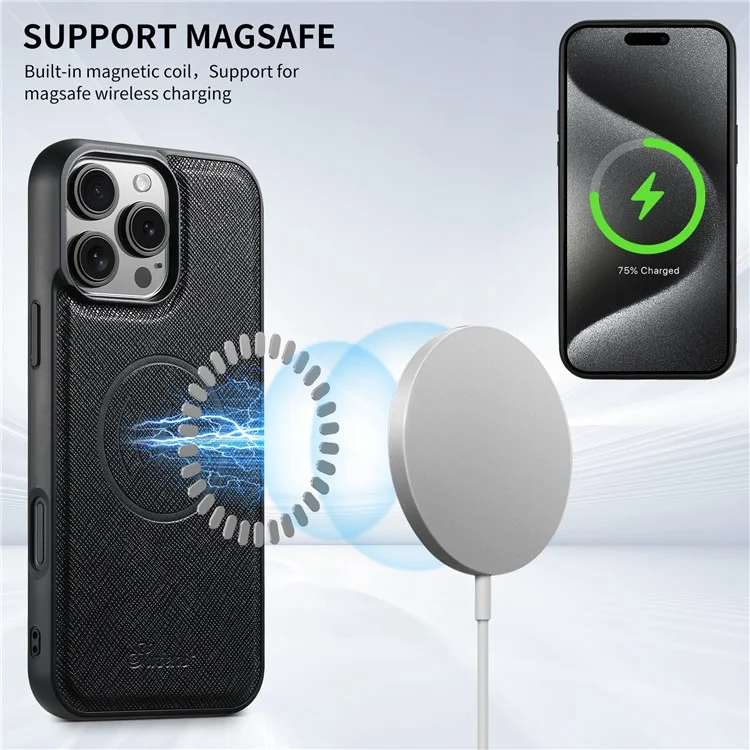 Suteni H18 Für Iphone 16 Pro Max Magnethülle Cross Textur Leder+tpu -abdeckung Mit Abnehmbarer Kartenbeutel - Schwarz