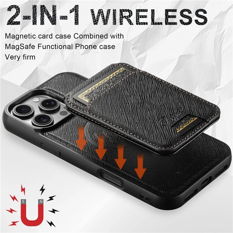 Suteni H18 Für Iphone 16 Pro Max Magnethülle Cross Textur Leder+tpu -abdeckung Mit Abnehmbarer Kartenbeutel - Schwarz