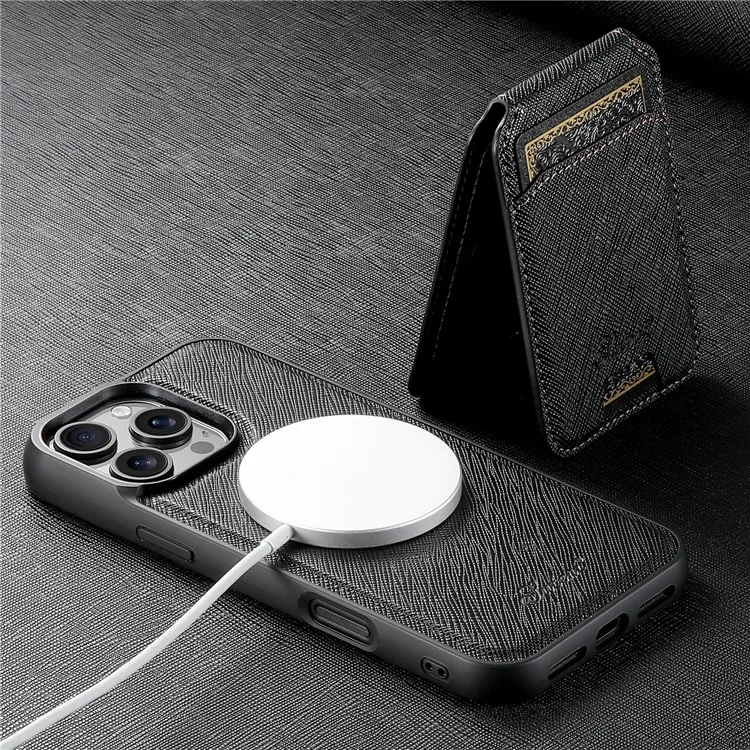Suteni H18 Für Iphone 16 Pro Magnethülle Cross Textur Leder+tpu -abdeckung Mit Abnehmbarer Kartenbeutel - Schwarz