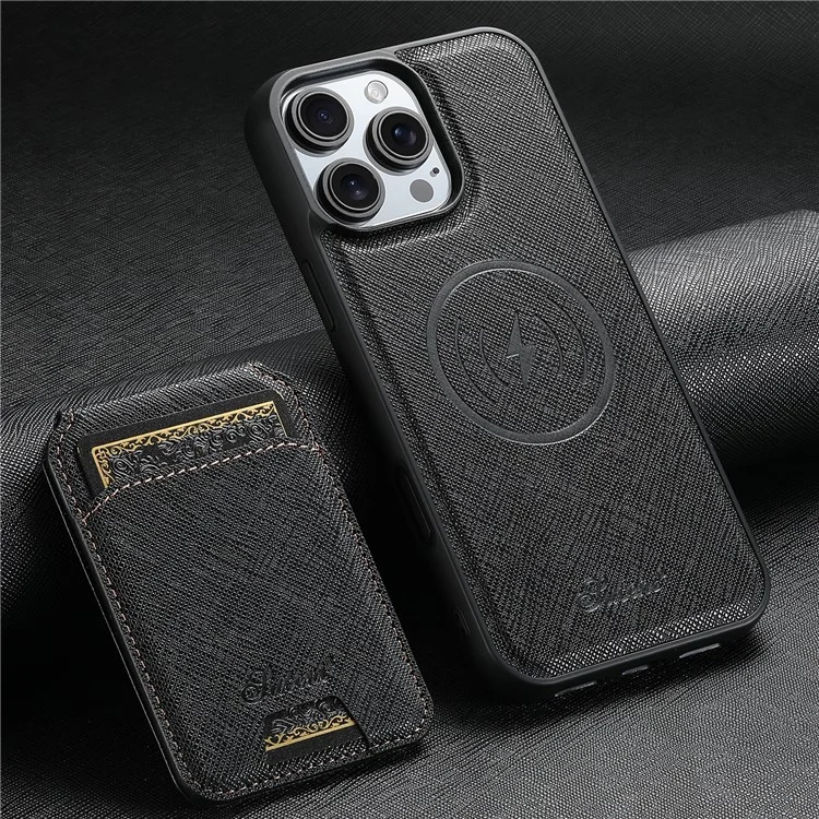 Suteni H18 Für Iphone 16 Pro Magnethülle Cross Textur Leder+tpu -abdeckung Mit Abnehmbarer Kartenbeutel - Schwarz