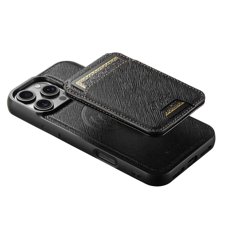 Suteni H18 Für Iphone 16 Pro Magnethülle Cross Textur Leder+tpu -abdeckung Mit Abnehmbarer Kartenbeutel - Schwarz