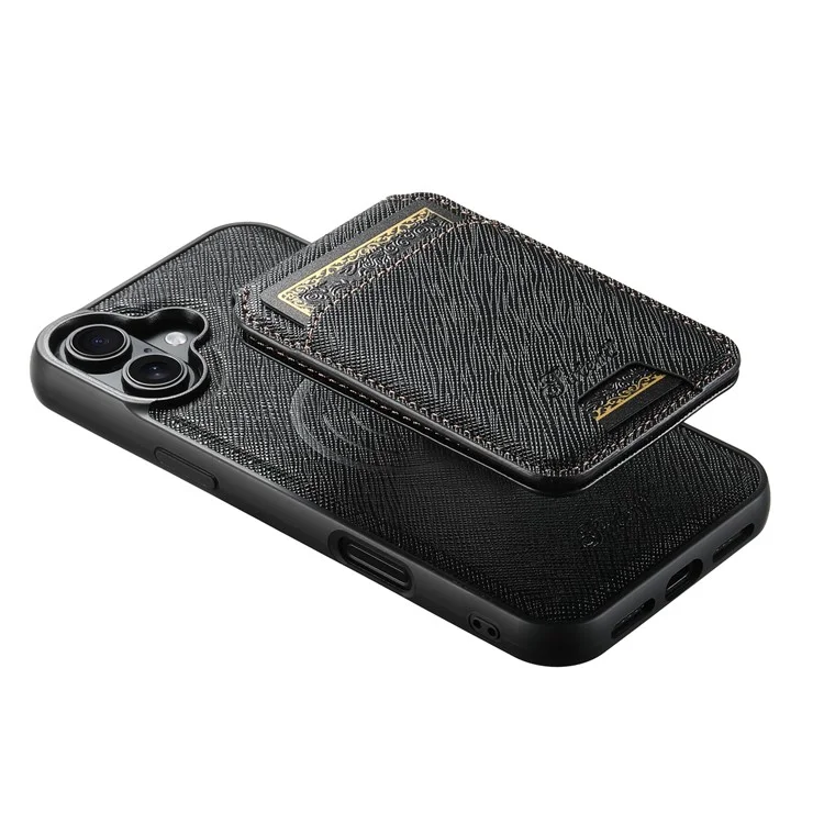 Suteni H18 Für Iphone 16 Magnethülle Cross Textur Leder+tpu -abdeckung Mit Abnehmbarer Kartenbeutel - Schwarz