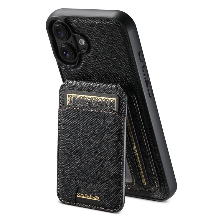 Suteni H18 Para Iphone 16 Plus Magnetic Case Cross Texture Leather+TPU Cubierta Con Bolsa de Tarjeta Desmontable - Negro