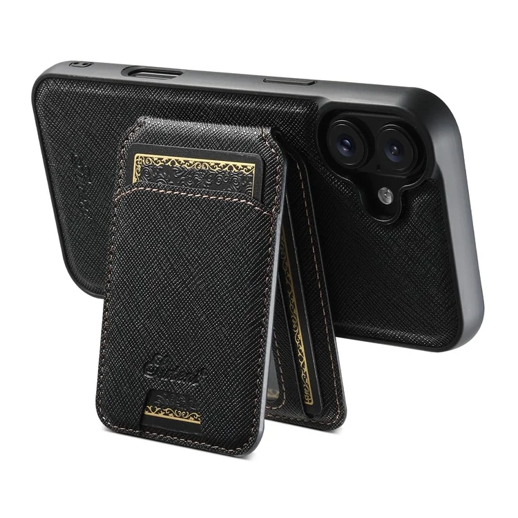 Suteni H18 Para Iphone 16 Plus Magnetic Case Cross Texture Leather+TPU Cubierta Con Bolsa de Tarjeta Desmontable - Negro