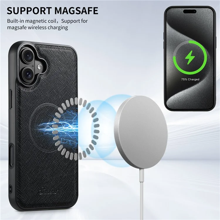 Suteni H18 Para Iphone 16 Plus Magnetic Case Cross Texture Leather+TPU Cubierta Con Bolsa de Tarjeta Desmontable - Negro