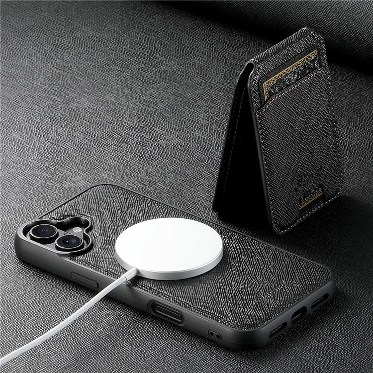 Suteni H18 Para Iphone 16 Plus Magnetic Case Cross Texture Leather+TPU Cubierta Con Bolsa de Tarjeta Desmontable - Negro