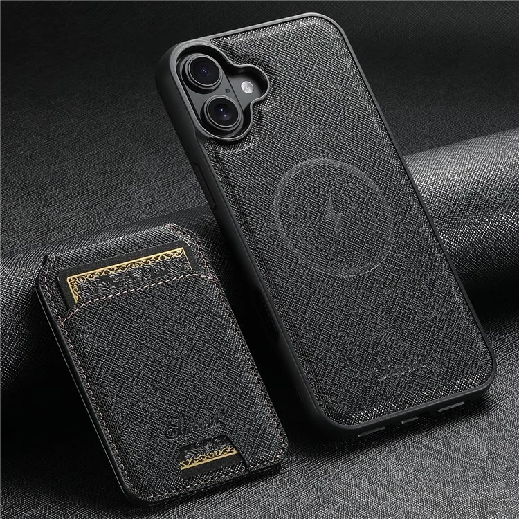 Suteni H18 Para Iphone 16 Plus Magnetic Case Cross Texture Leather+TPU Cubierta Con Bolsa de Tarjeta Desmontable - Negro