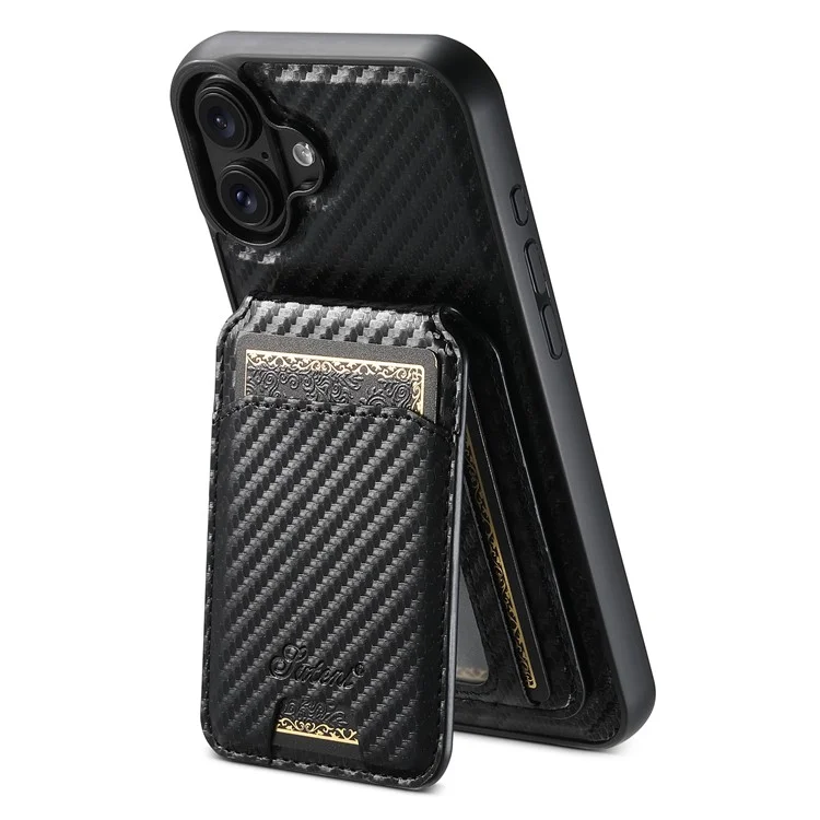 Suteni H18 Für Iphone 16 Plus Magnethülle Kohlefaser Textur Leder+tpu -abdeckung Mit Abnehmbarer Kartenbeutel