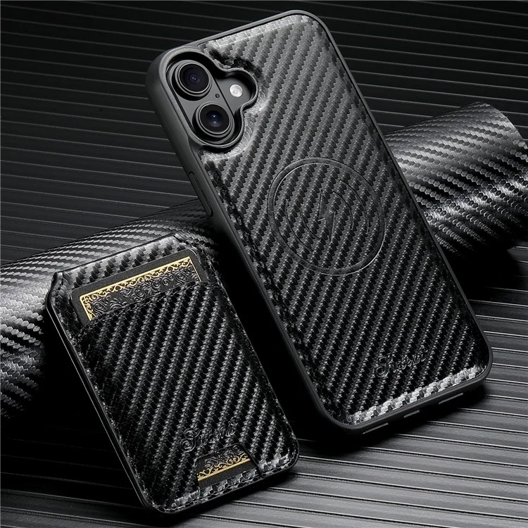 Suteni H18 Für Iphone 16 Plus Magnethülle Kohlefaser Textur Leder+tpu -abdeckung Mit Abnehmbarer Kartenbeutel