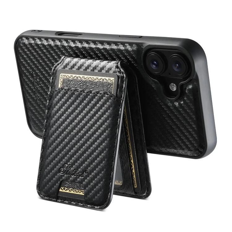 Suteni H18 Für Iphone 16 Plus Magnethülle Kohlefaser Textur Leder+tpu -abdeckung Mit Abnehmbarer Kartenbeutel