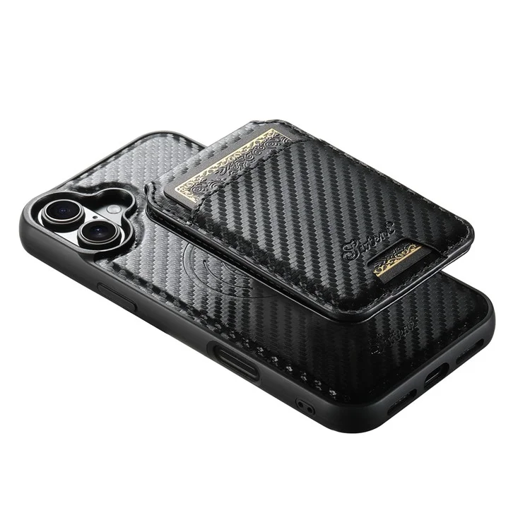 Suteni H18 Für Iphone 16 Plus Magnethülle Kohlefaser Textur Leder+tpu -abdeckung Mit Abnehmbarer Kartenbeutel