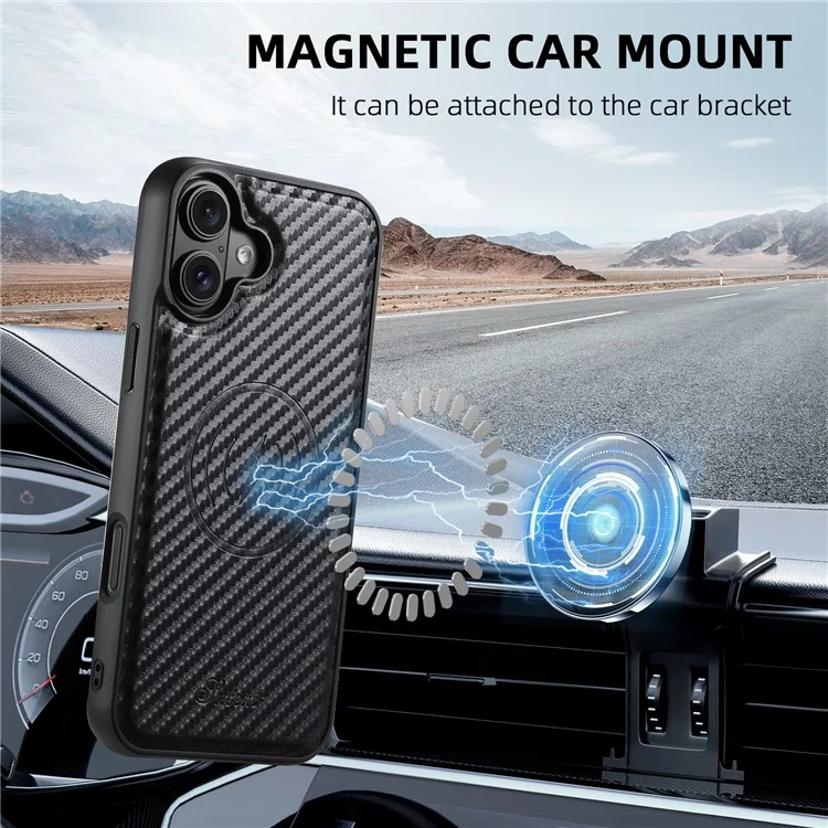 Suteni H18 Für Iphone 16 Plus Magnethülle Kohlefaser Textur Leder+tpu -abdeckung Mit Abnehmbarer Kartenbeutel