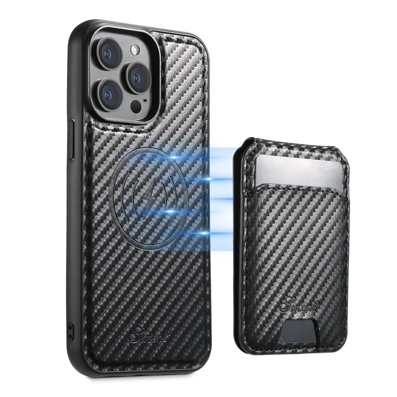 SUTENI H18 For iPhone 16 Pro Max Magnetic Case Carbon Fiber Texture Leather+TPU Cover with Detachable Card Bag