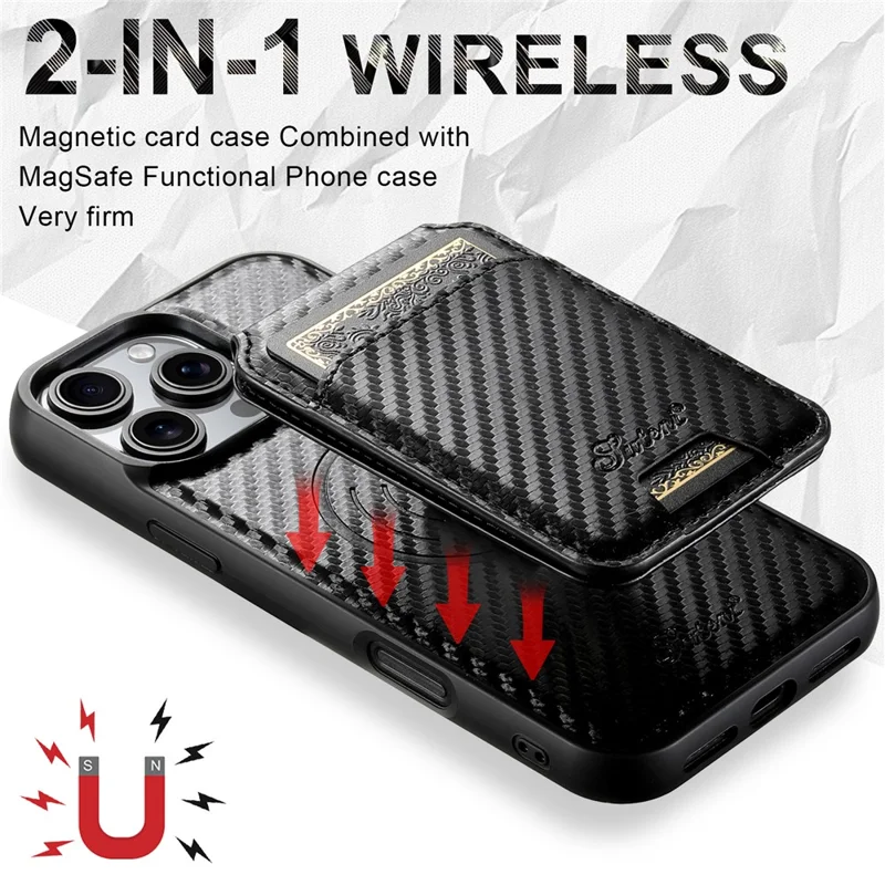 SUTENI H18 For iPhone 16 Pro Max Magnetic Case Carbon Fiber Texture Leather+TPU Cover with Detachable Card Bag