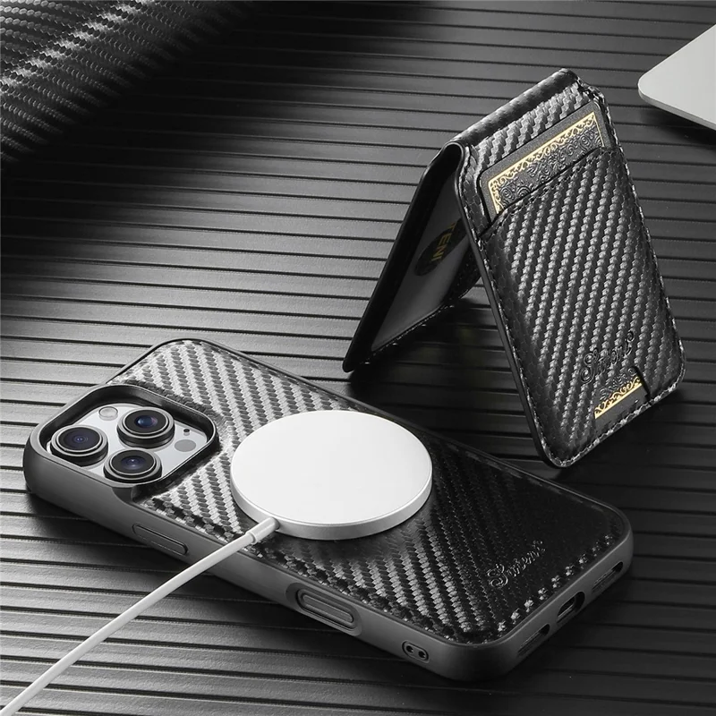 SUTENI H18 For iPhone 16 Pro Max Magnetic Case Carbon Fiber Texture Leather+TPU Cover with Detachable Card Bag