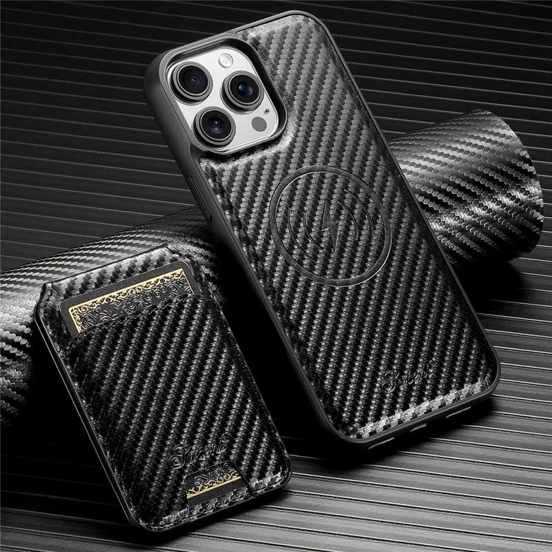 SUTENI H18 For iPhone 16 Pro Max Magnetic Case Carbon Fiber Texture Leather+TPU Cover with Detachable Card Bag