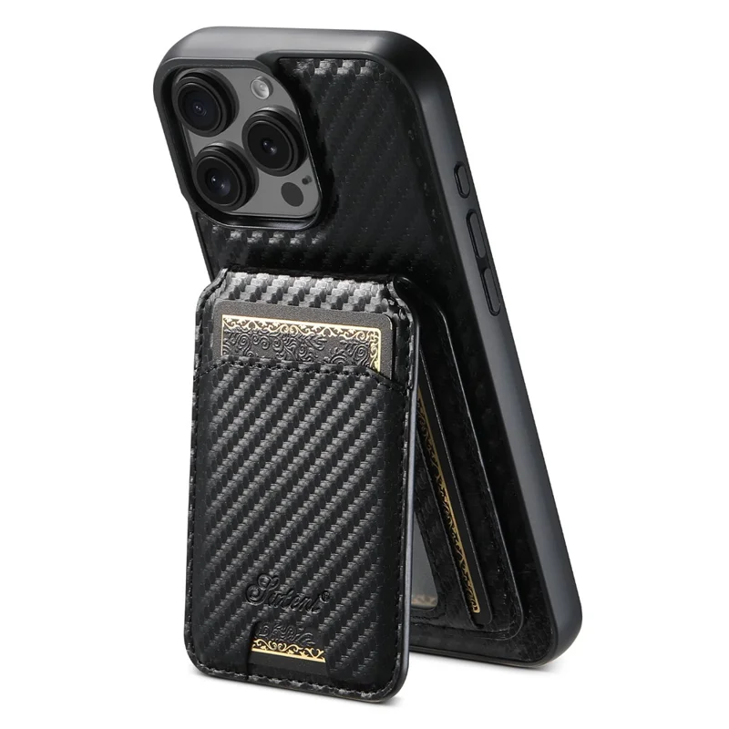 SUTENI H18 For iPhone 16 Pro Max Magnetic Case Carbon Fiber Texture Leather+TPU Cover with Detachable Card Bag
