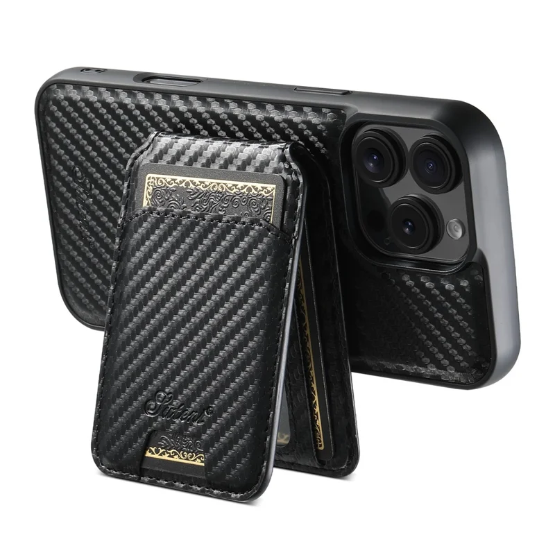 SUTENI H18 For iPhone 16 Pro Max Magnetic Case Carbon Fiber Texture Leather+TPU Cover with Detachable Card Bag