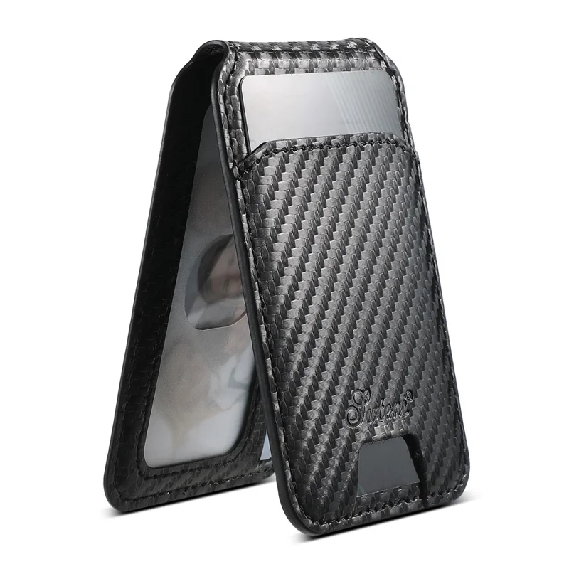 SUTENI H18 For iPhone 16 Pro Max Magnetic Case Carbon Fiber Texture Leather+TPU Cover with Detachable Card Bag