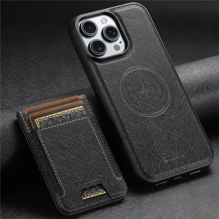 Suteni H17 Для Iphone 16 Pro Magnetic Case Leather+TPU Cross Texture Cope Phone с Съемной Сумкой Для Карты - Черный