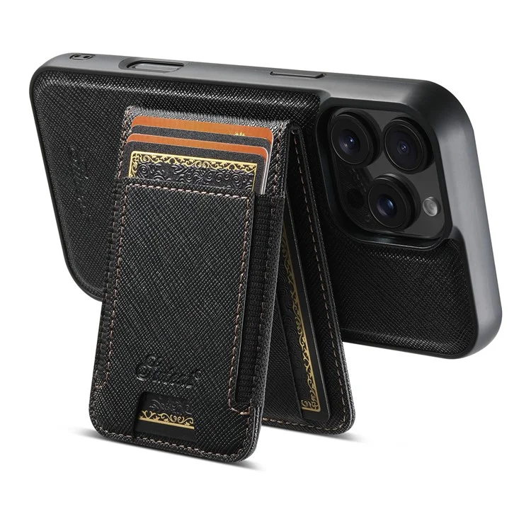 Suteni H17 Для Iphone 16 Pro Magnetic Case Leather+TPU Cross Texture Cope Phone с Съемной Сумкой Для Карты - Черный