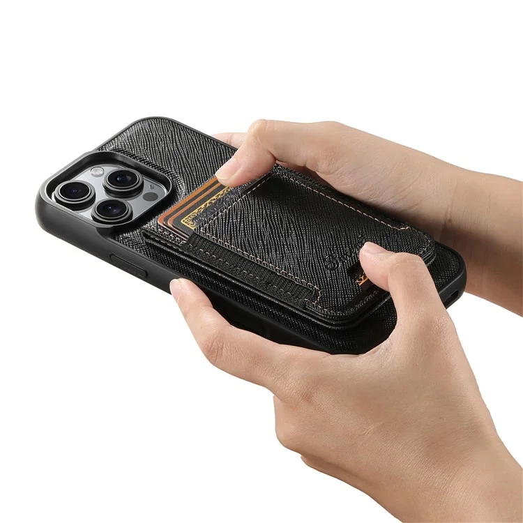 Suteni H17 Для Iphone 16 Pro Magnetic Case Leather+TPU Cross Texture Cope Phone с Съемной Сумкой Для Карты - Черный