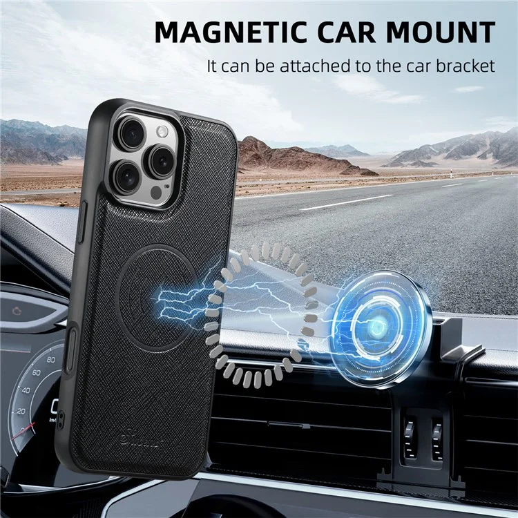 Suteni H17 Для Iphone 16 Pro Magnetic Case Leather+TPU Cross Texture Cope Phone с Съемной Сумкой Для Карты - Черный