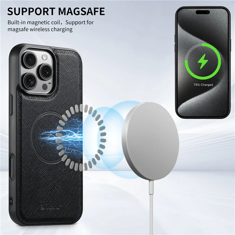 Suteni H17 Для Iphone 16 Pro Magnetic Case Leather+TPU Cross Texture Cope Phone с Съемной Сумкой Для Карты - Черный