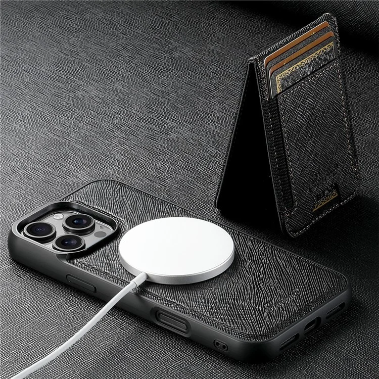 Suteni H17 Для Iphone 16 Pro Magnetic Case Leather+TPU Cross Texture Cope Phone с Съемной Сумкой Для Карты - Черный