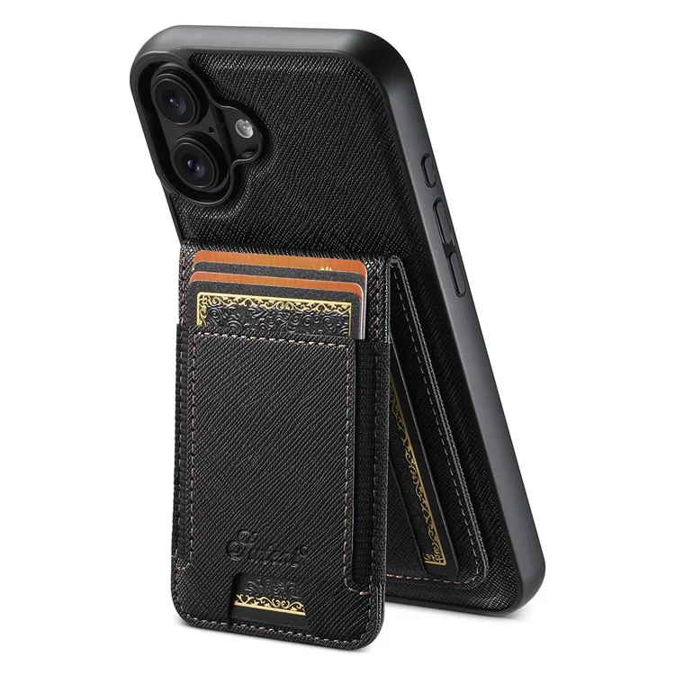 Suteni H17 Para Iphone 16 Plus Magnetic Case Leather+TPU Cross Texture Teléfono Con Bolsa de Tarjeta Desmontable - Negro