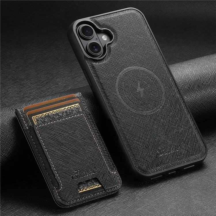 Suteni H17 Para Iphone 16 Plus Magnetic Case Leather+TPU Cross Texture Teléfono Con Bolsa de Tarjeta Desmontable - Negro