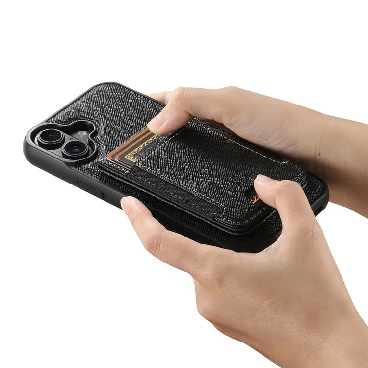 Suteni H17 Para Iphone 16 Plus Magnetic Case Leather+TPU Cross Texture Teléfono Con Bolsa de Tarjeta Desmontable - Negro
