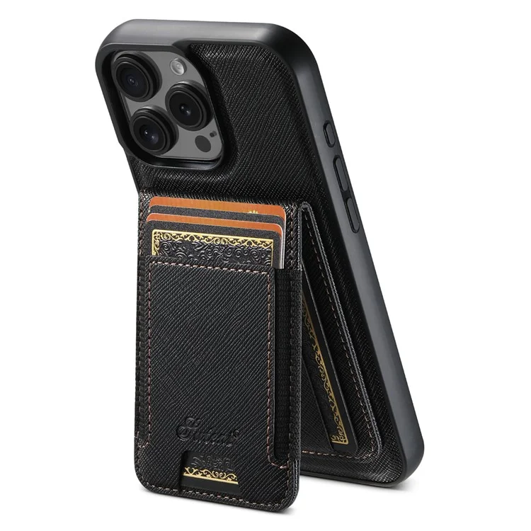 Suteni H17 Para Iphone 16 Pro Max Magnetic Case de Cuero+tpu Textura Cruzada Tubera de Teléfono Con Bolsa de Tarjeta Desmontable - Negro