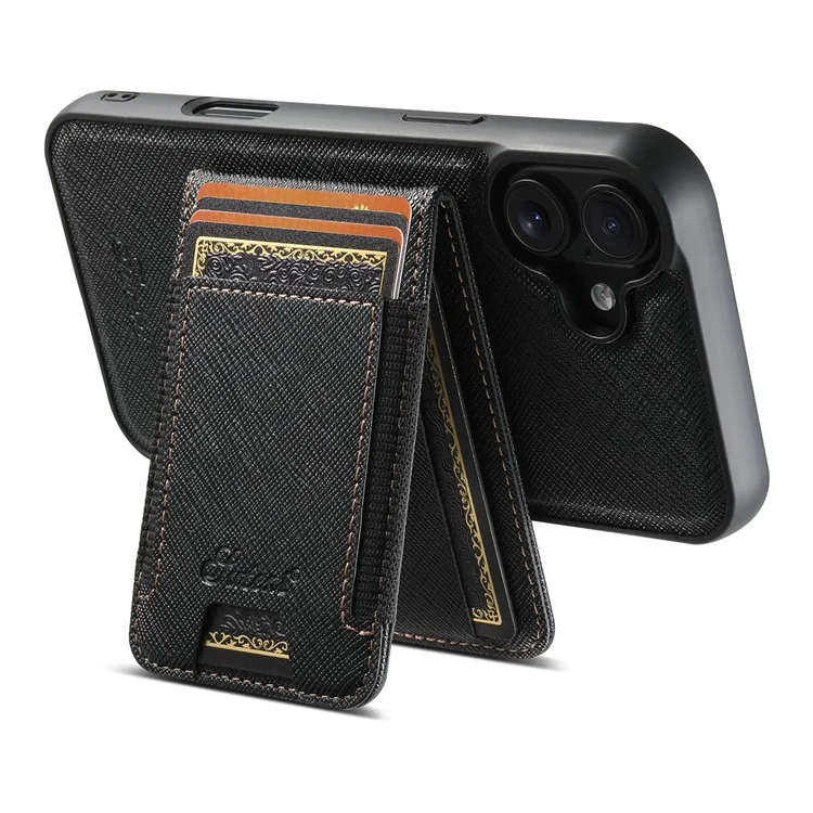 Suteni H17 Para Iphone 16 Magnetic Case Leather+TPU Cross Texture Telephip Cover Con Bolsa de Tarjeta Desmontable - Negro