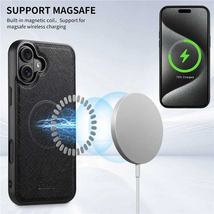 Suteni H17 Para Iphone 16 Magnetic Case Leather+TPU Cross Texture Telephip Cover Con Bolsa de Tarjeta Desmontable - Negro