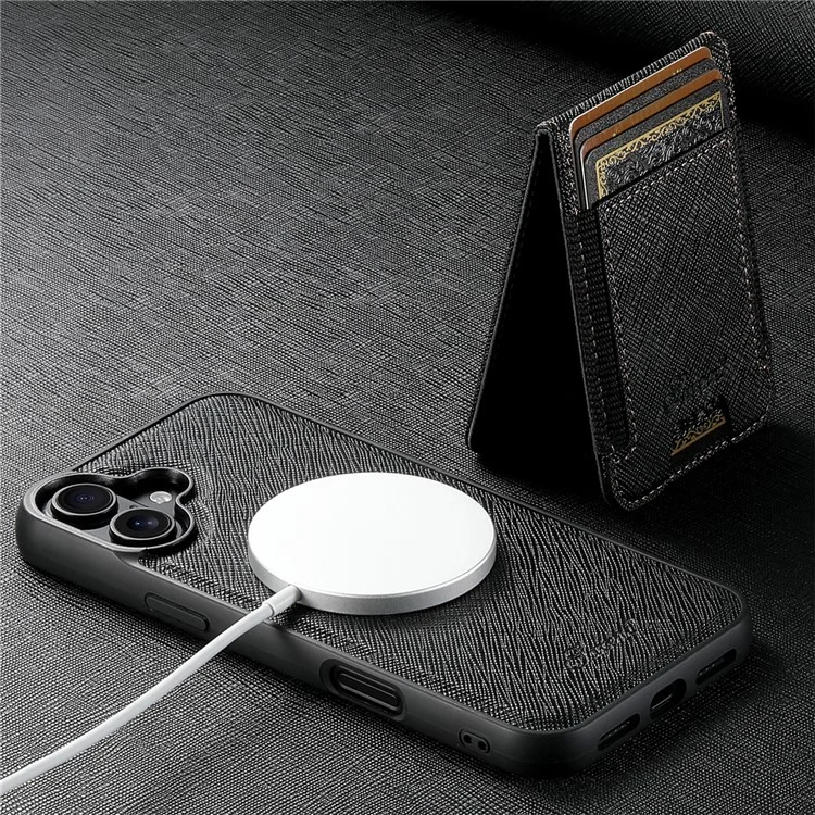 Suteni H17 Para Iphone 16 Magnetic Case Leather+TPU Cross Texture Telephip Cover Con Bolsa de Tarjeta Desmontable - Negro