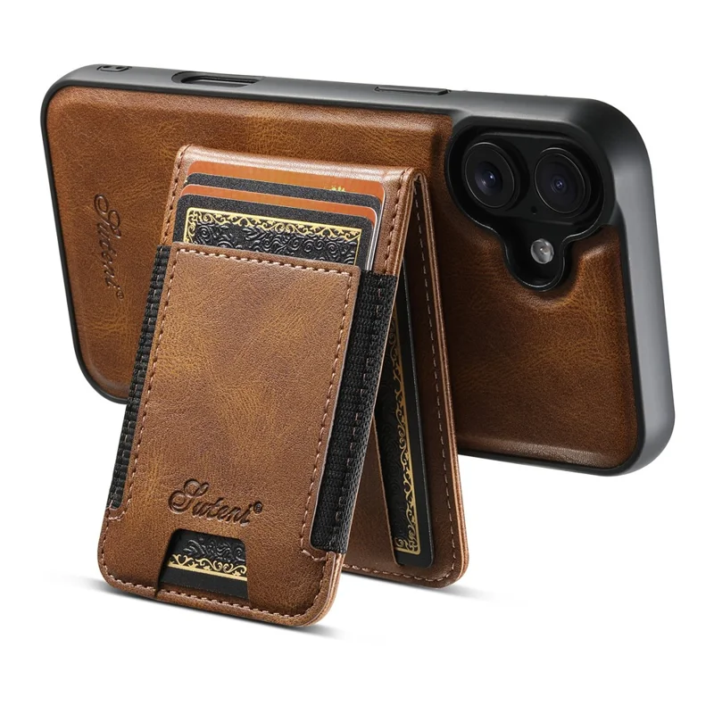 SUTENI H17 For iPhone 16 Case Compatible with MagSafe Card Holder Kickstand Phone Cover - Brown