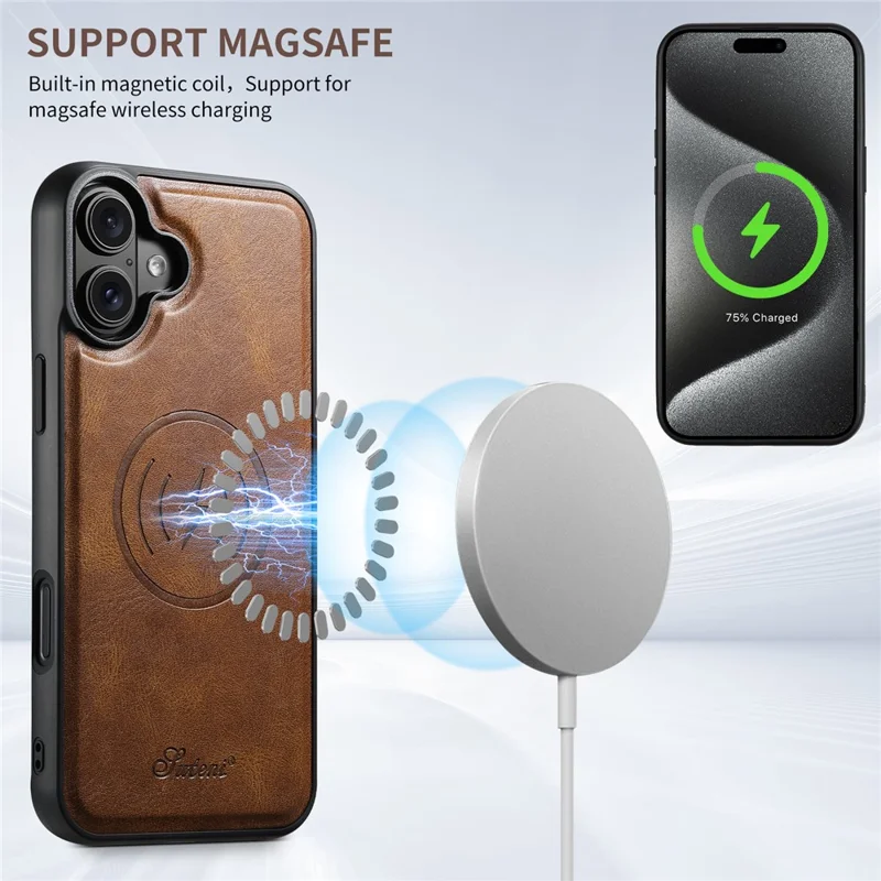 SUTENI H17 For iPhone 16 Case Compatible with MagSafe Card Holder Kickstand Phone Cover - Brown