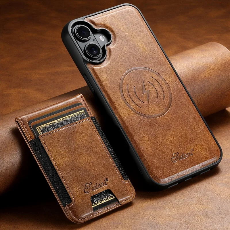 SUTENI H17 For iPhone 16 Case Compatible with MagSafe Card Holder Kickstand Phone Cover - Brown