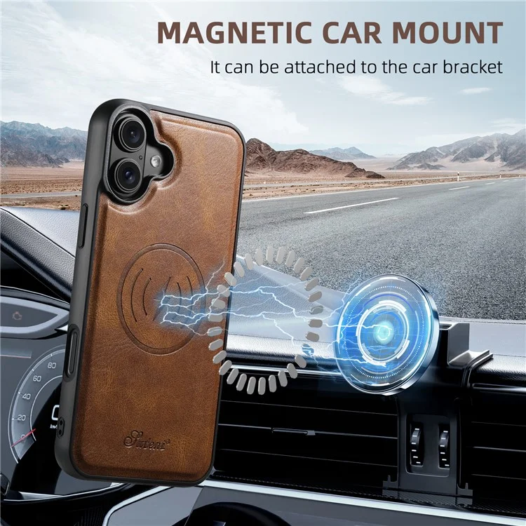 SUTENI H17 For iPhone 16 Plus Case Compatible with MagSafe Card Holder Kickstand Phone Cover - Brown